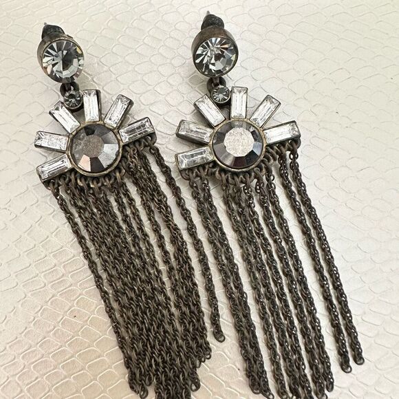 RARE Antique Art Deco Drop Fringe Tassel Stud Pierced Dangle Earrings Silver-ton - Picture 1 of 5